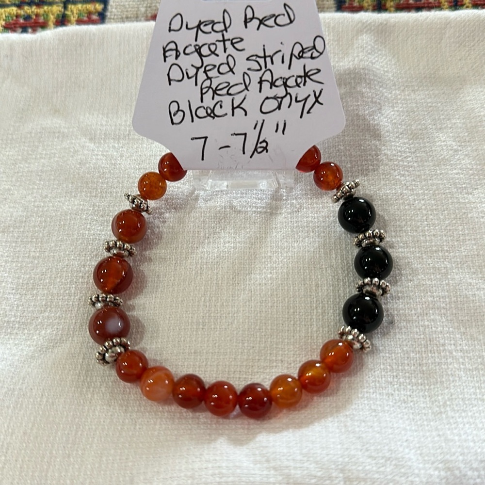 Hand Crafted Dyed Red Agate, Dyed Striped Red Agate, Black Onyx Bracelet